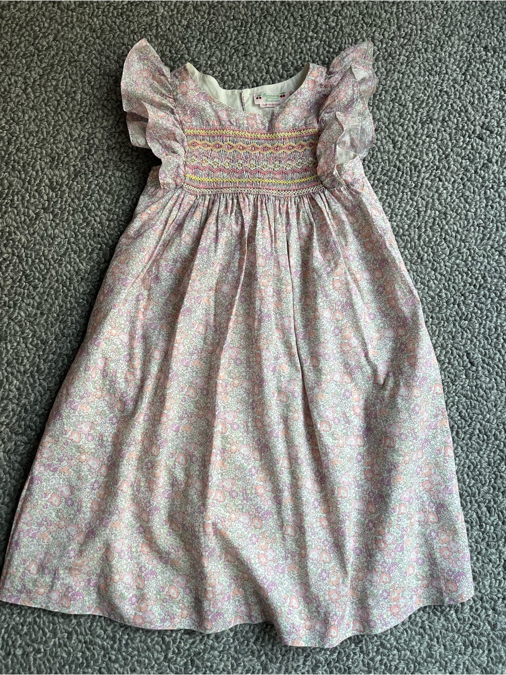Bonpoint liberty Girls' Pink Floral Smocked Dress with Ruffle Sleeves